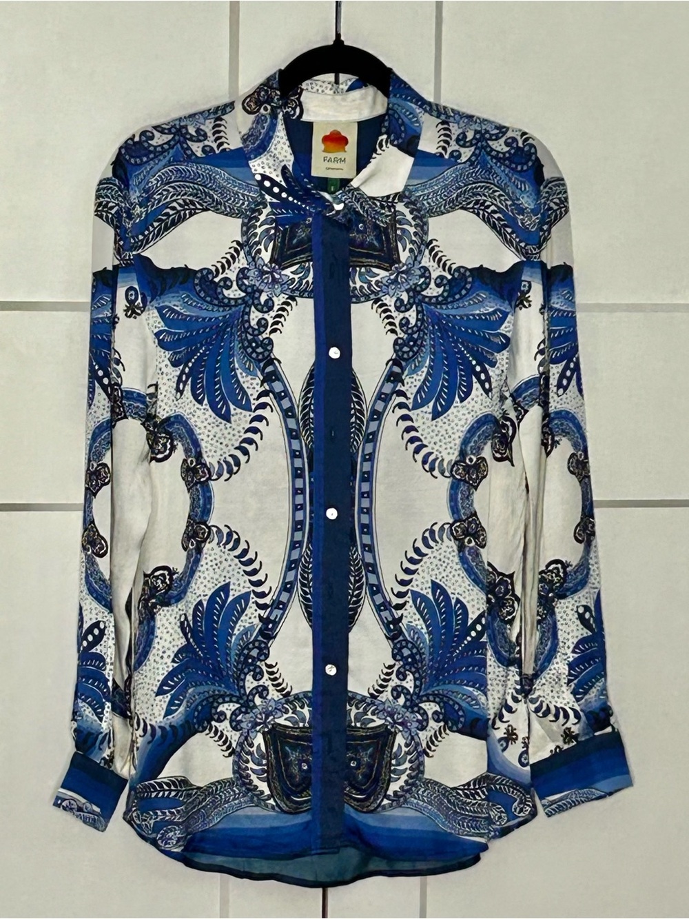 FARM Rio Blue Baroque/Paisley Scarf Long Sleeve Blouse NWOT size Small